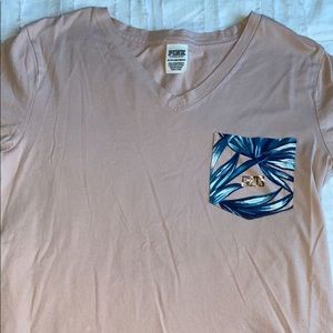 Pink V-Neck T-Shirt with Tropical Print and Sequence
